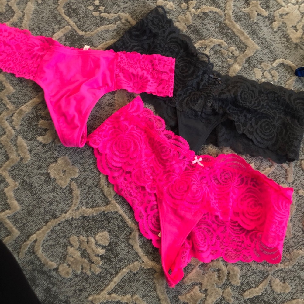Pink lace thongs and one mesh back panty